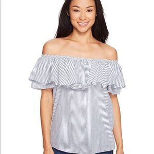 Ivanka Trump  Blue and White Off the Shoulder Top